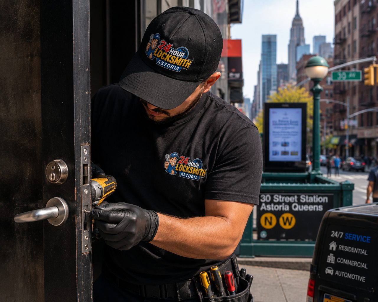 24 Hour Locksmith Bayside locksmith with a key kit on Bell Boulevard, Bayside Queens