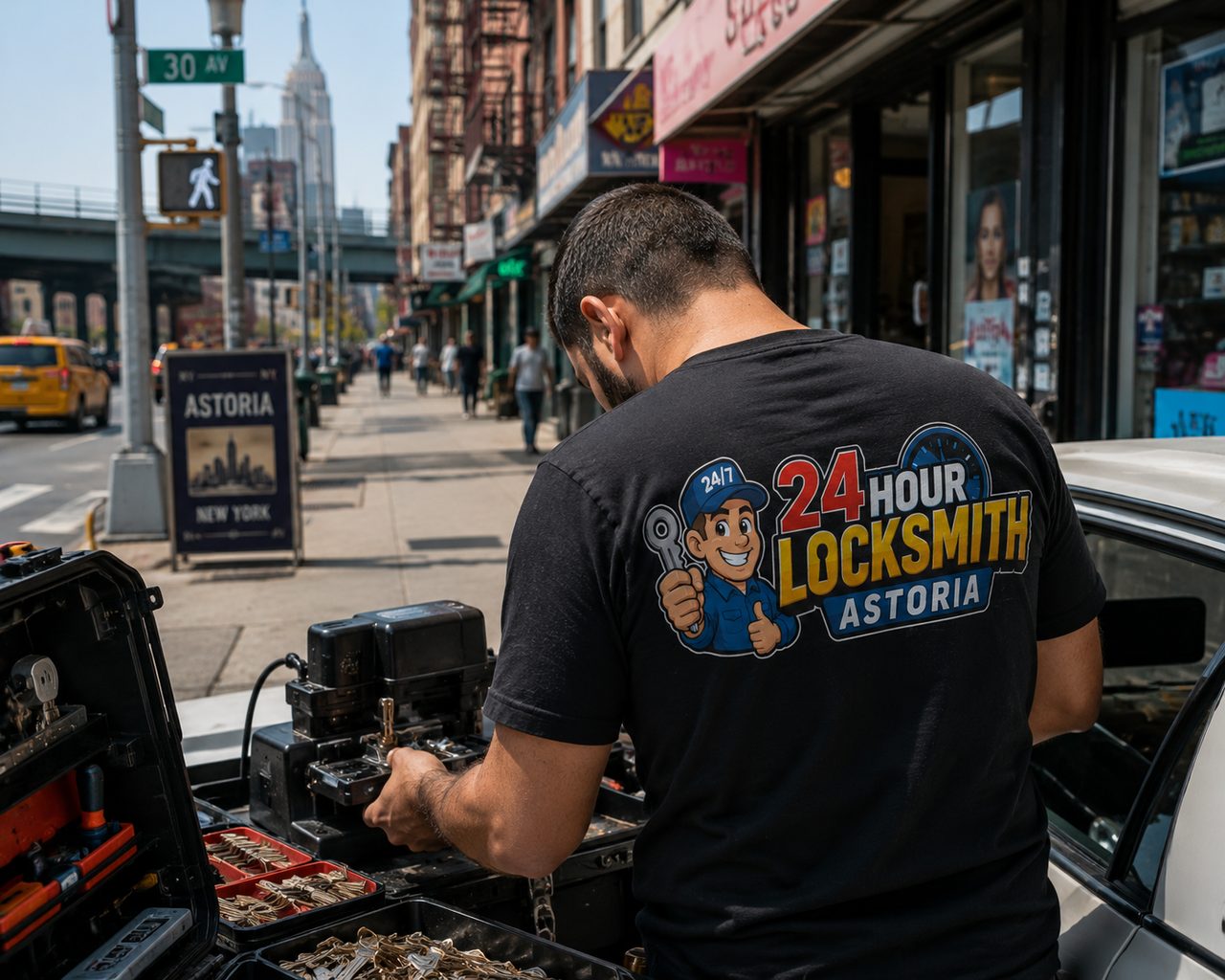 24 Hour Locksmith Bayside technician working a lock near the LIRR Bayside station